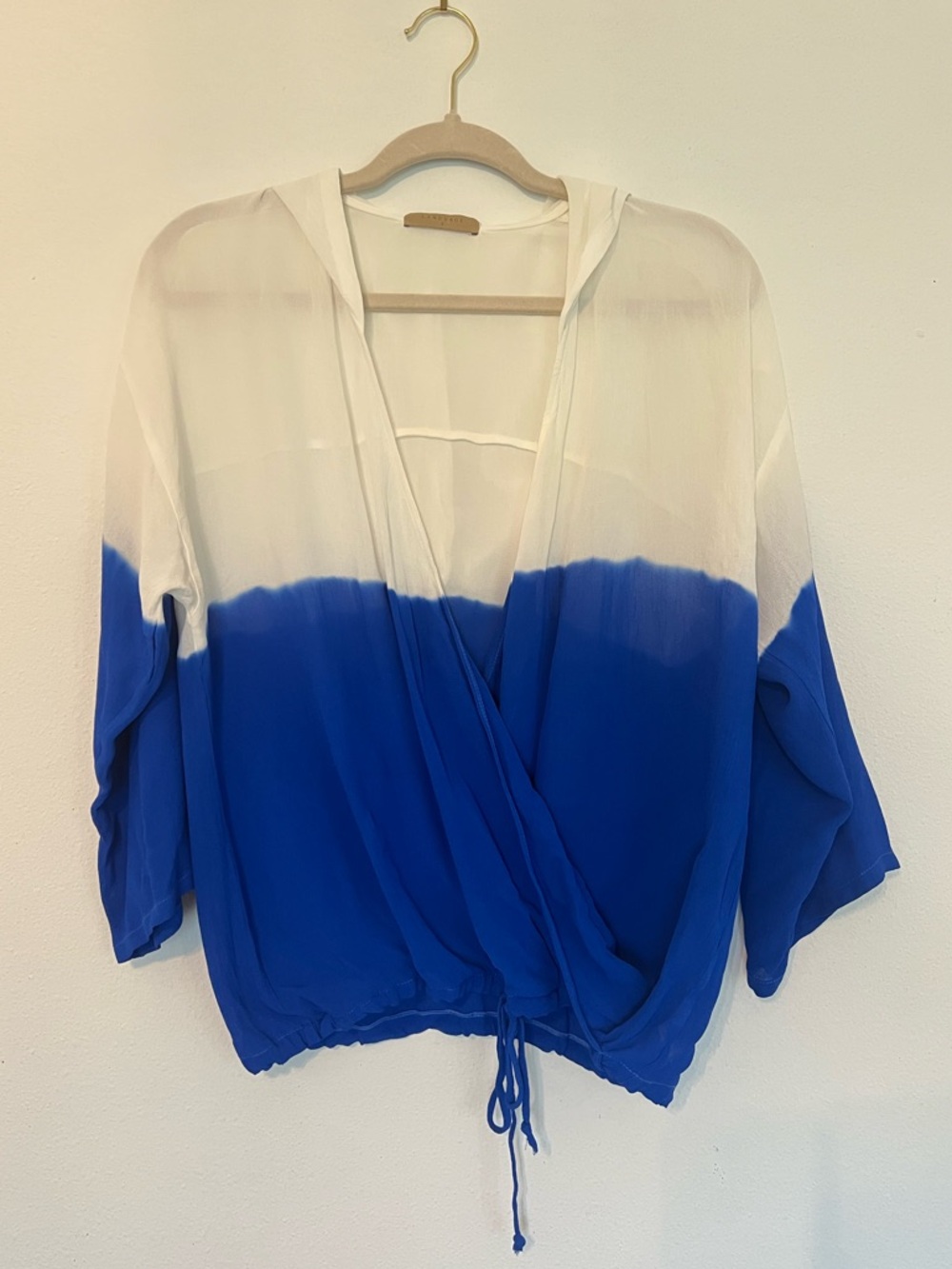 Language Women’s Hooded Layering Ombre Sheer V-Neck Swim Cover Up Top small